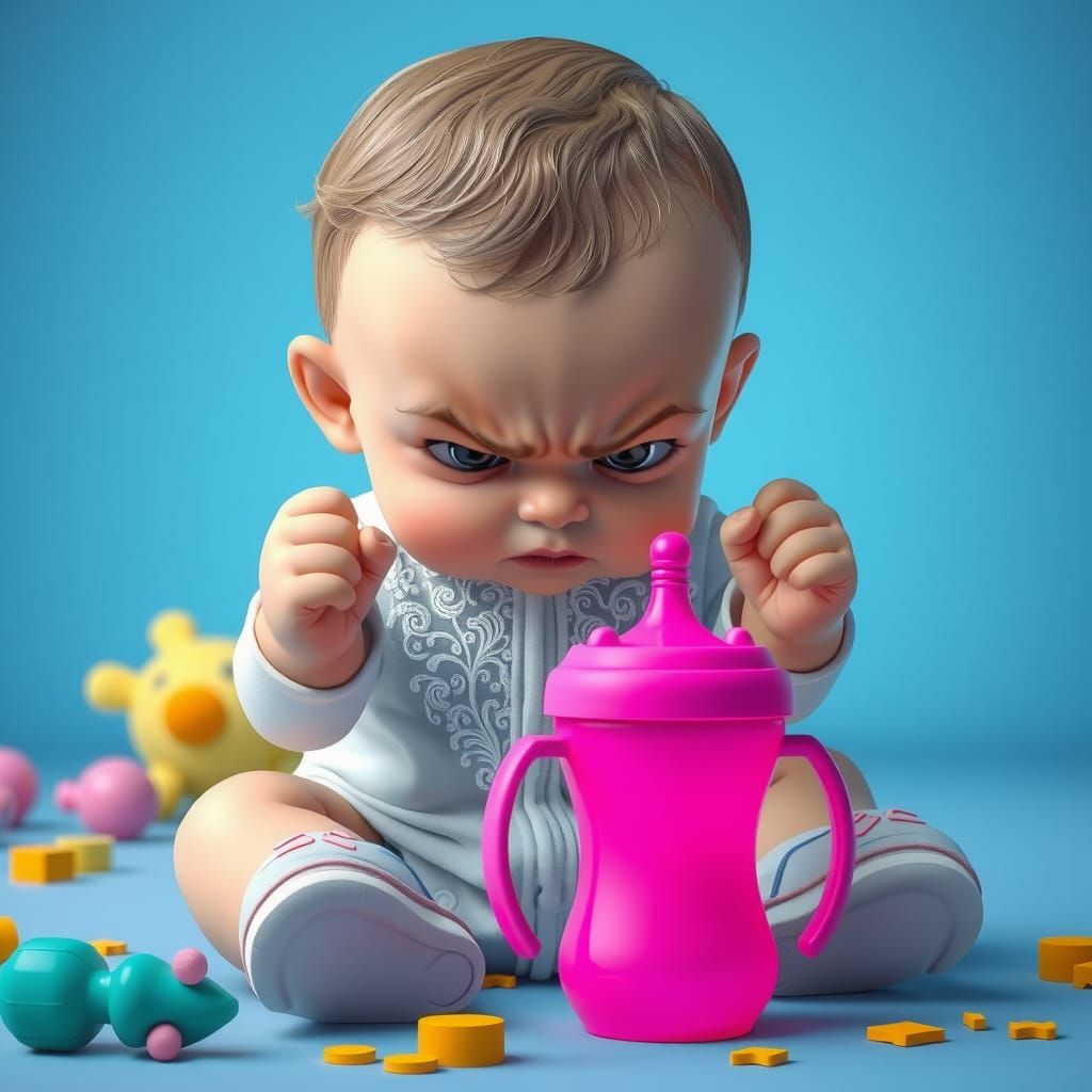 Infuriated Baby Glaring at Sippy Cup in 3D Anime Art