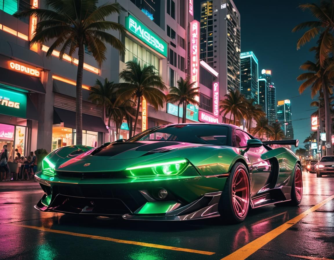 Glowing Green Speed: The Neon Supercar of Miami's Street Rac...
