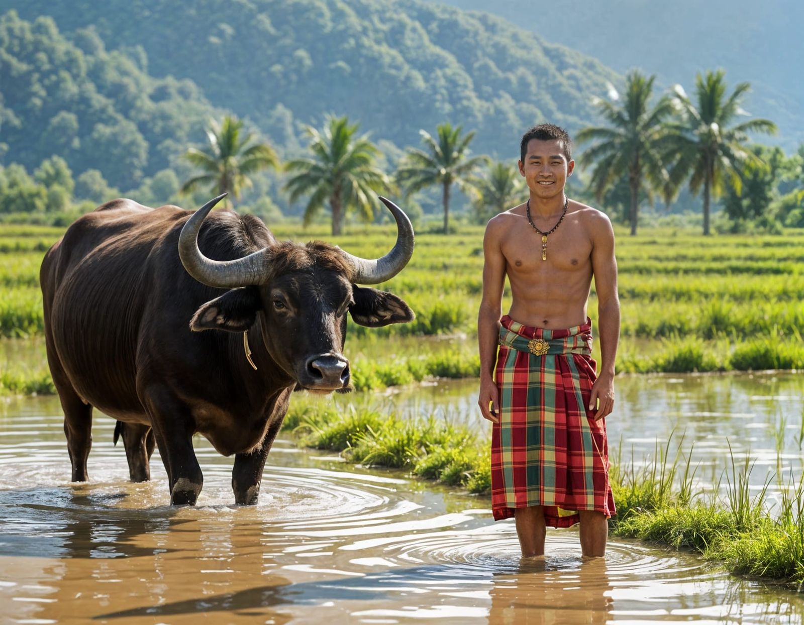 Bhutanese Man and Water Buffalo, Steve McCurry Style