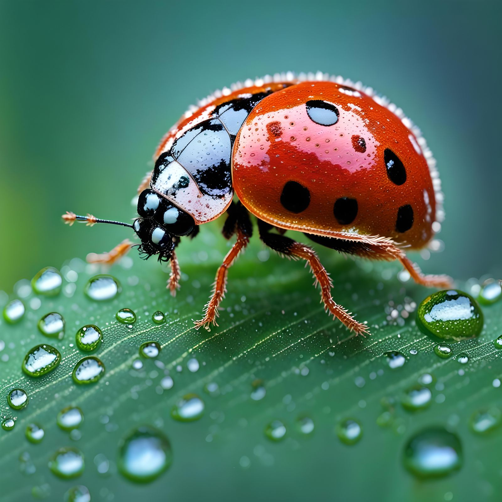 Iridescent Ladybug on Dew-Kissed Leaf in Sunlight