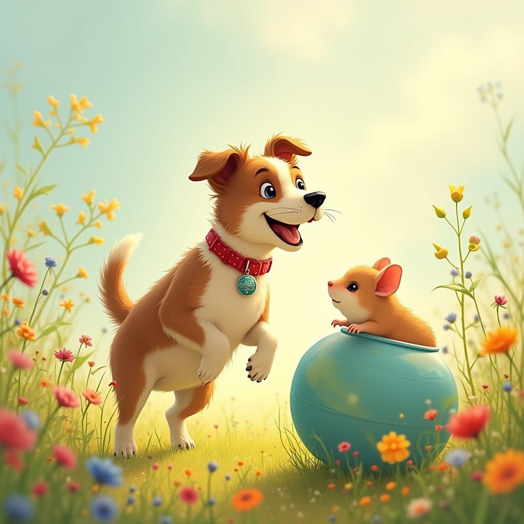 Whimsical Terrier Mix Plays with Hamster in Sunny Meadow