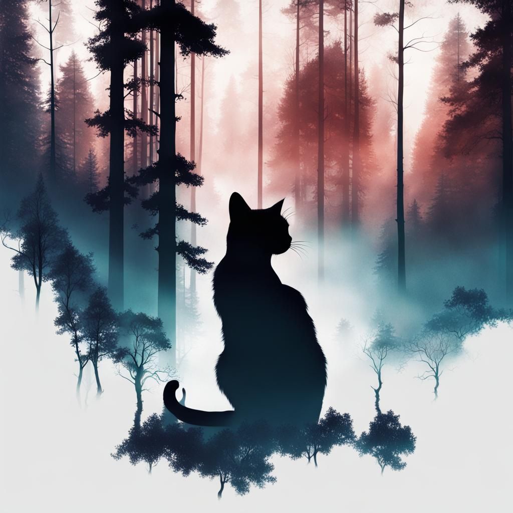 Cat Silhouette Double Exposure Forest Art