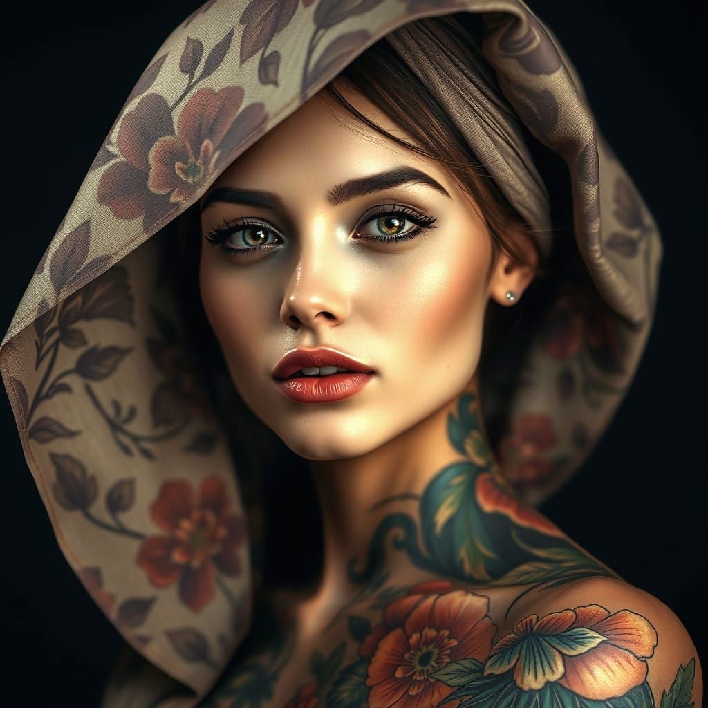 Elegant Woman with Intricate Tattoos in Soft, Dark Tones