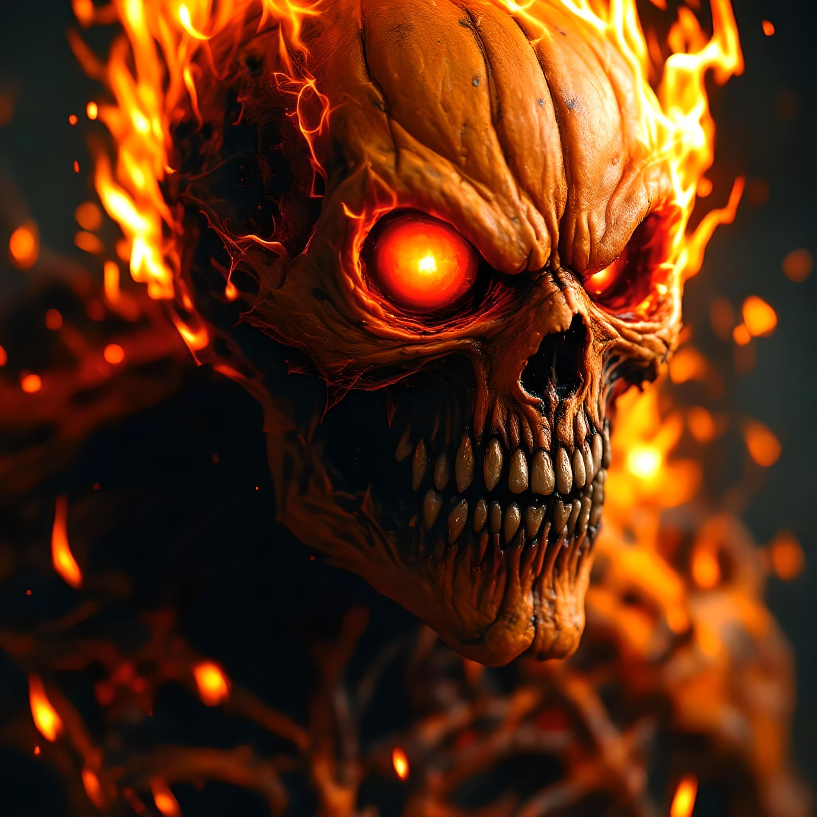 Halloween fire pumpkin monster head, (horror:1.5), high definition, ghost rider, the scarecrow, burning,...