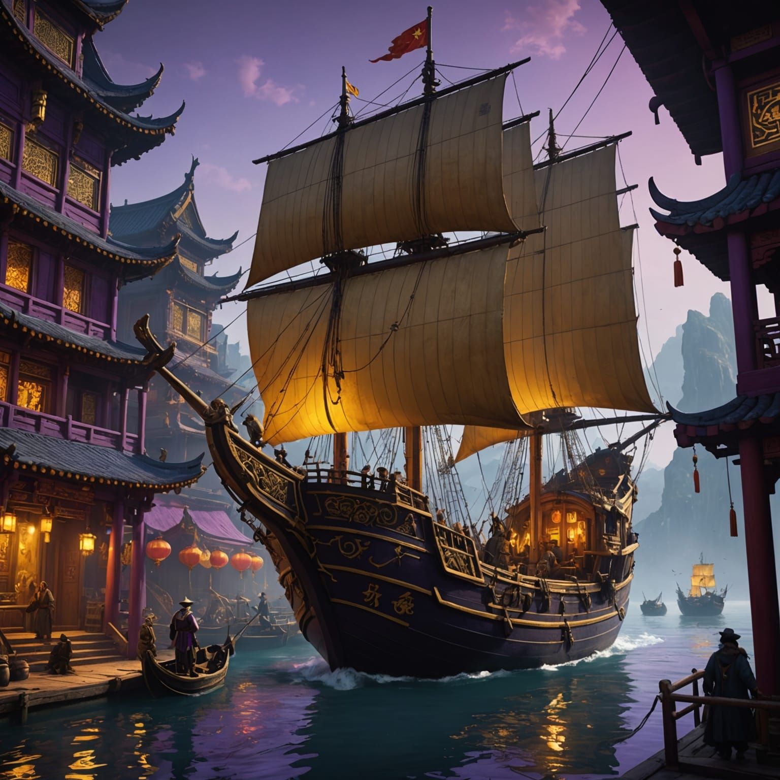 Detailed Chinese Junk Ship in Dark Fantasy Style