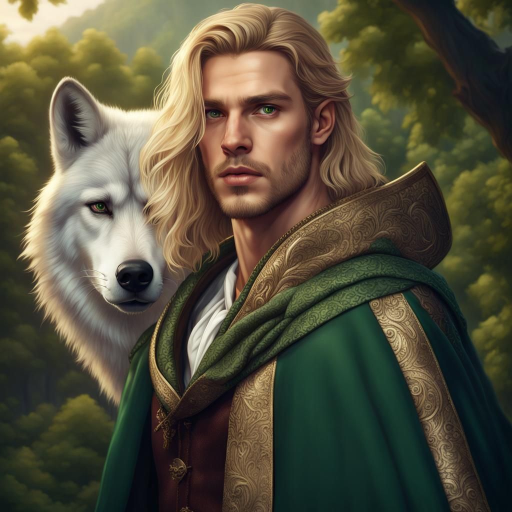 Handsome Prince with Wolf Cloak in Summer Landscape