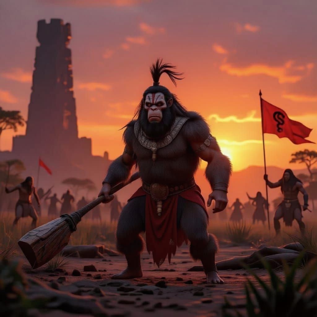 Hairy Australopithecus Warrior in Bone Armor with Snake Insi...