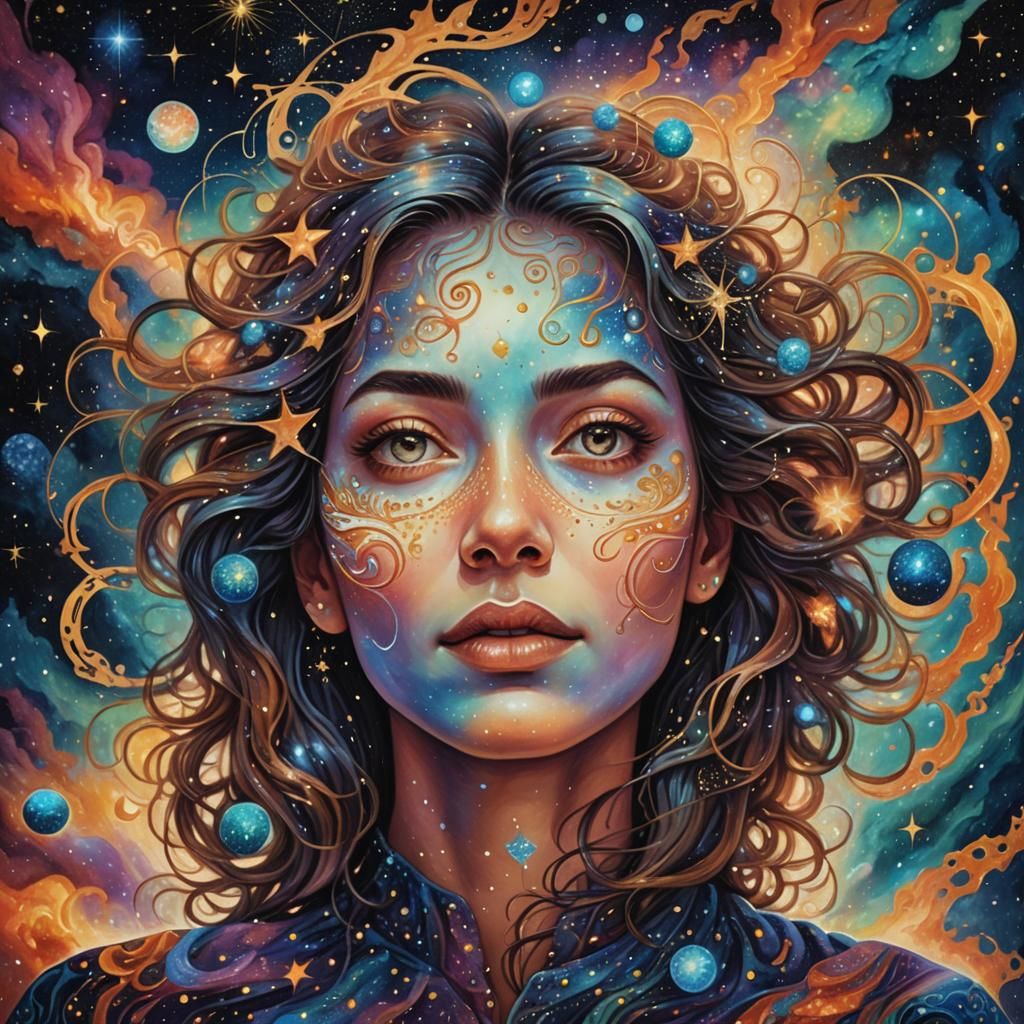 Surreal Astral Portrait of Woman Among Stars