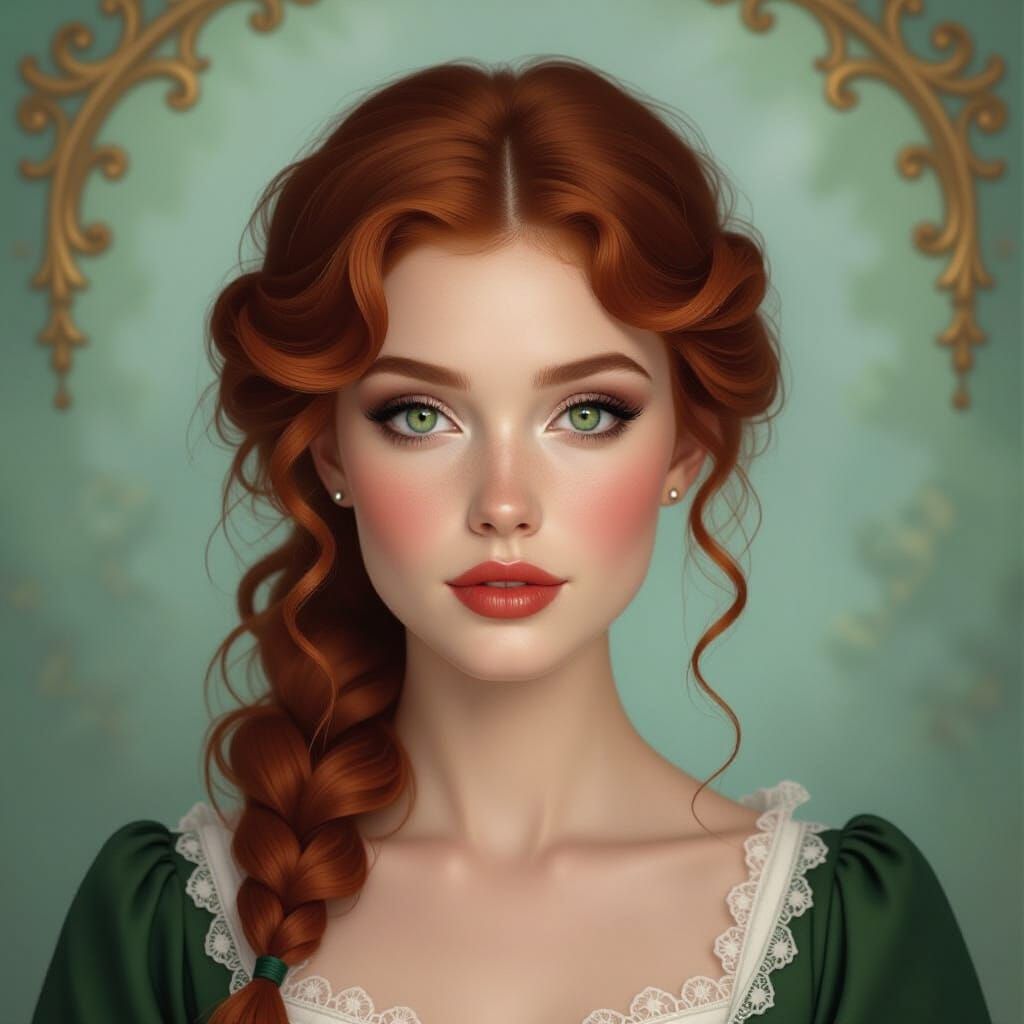 Elegant Redhead Portrait with Theatrical Backdrop