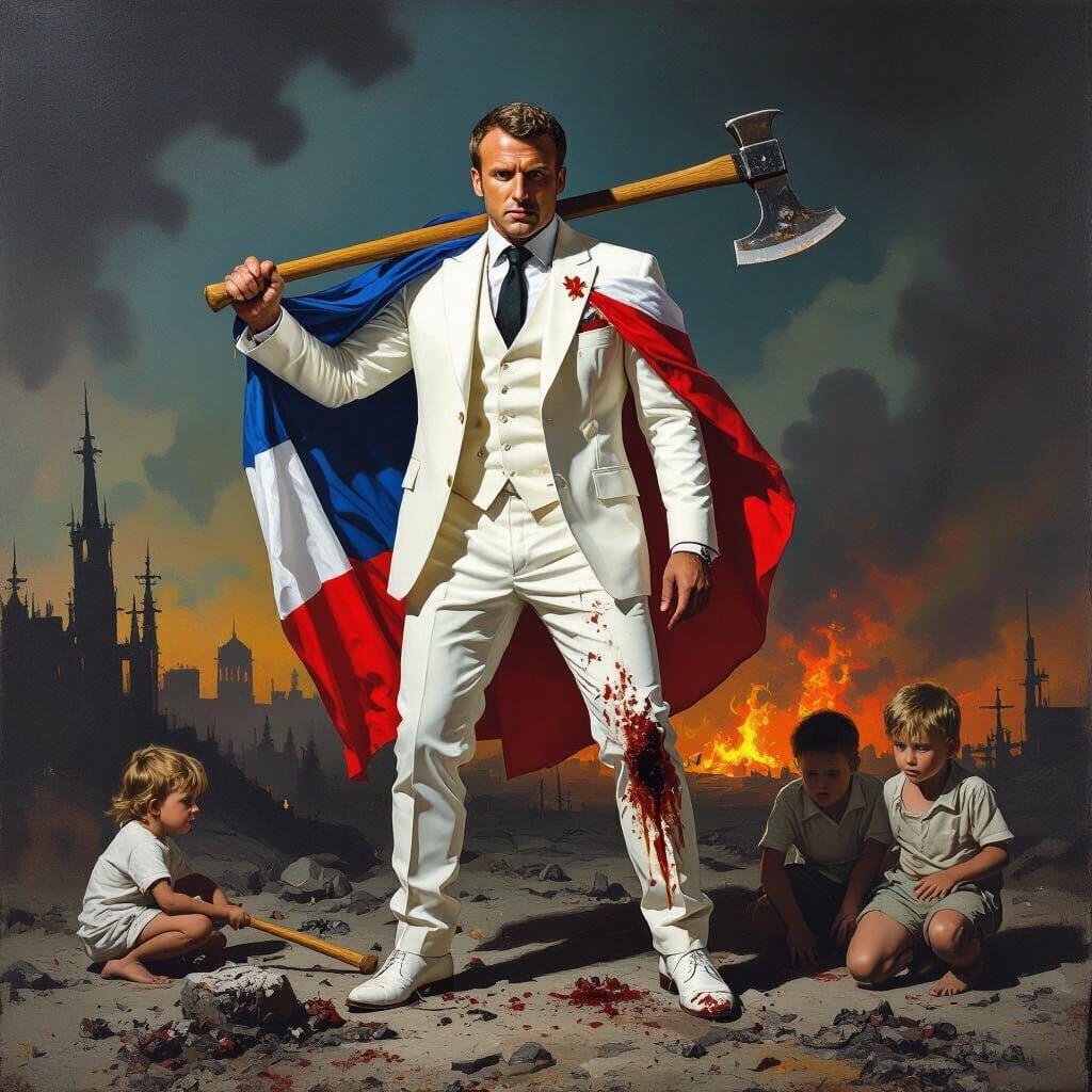 Macron in Apocalyptic Scene Inspired by Giger and Bacon