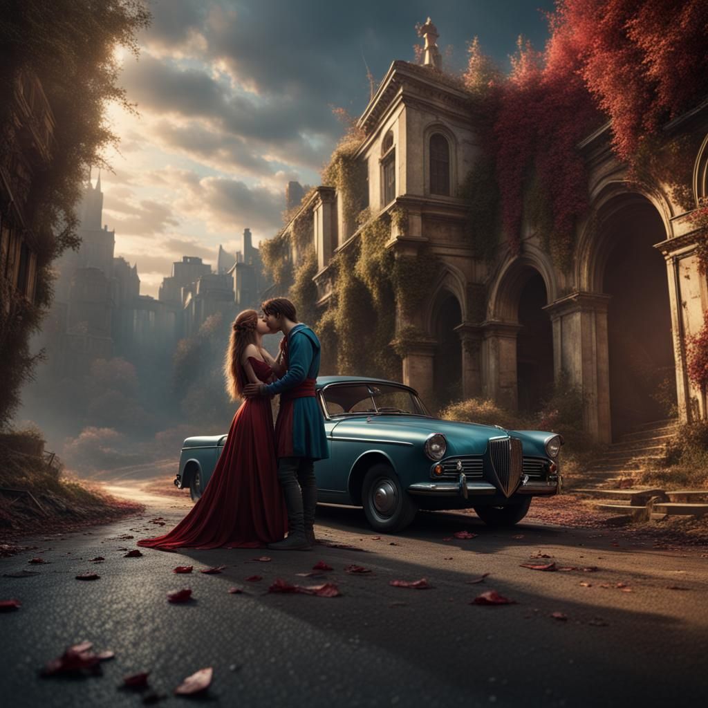 Romeo and Juliet Kiss in Fantasy Art Style