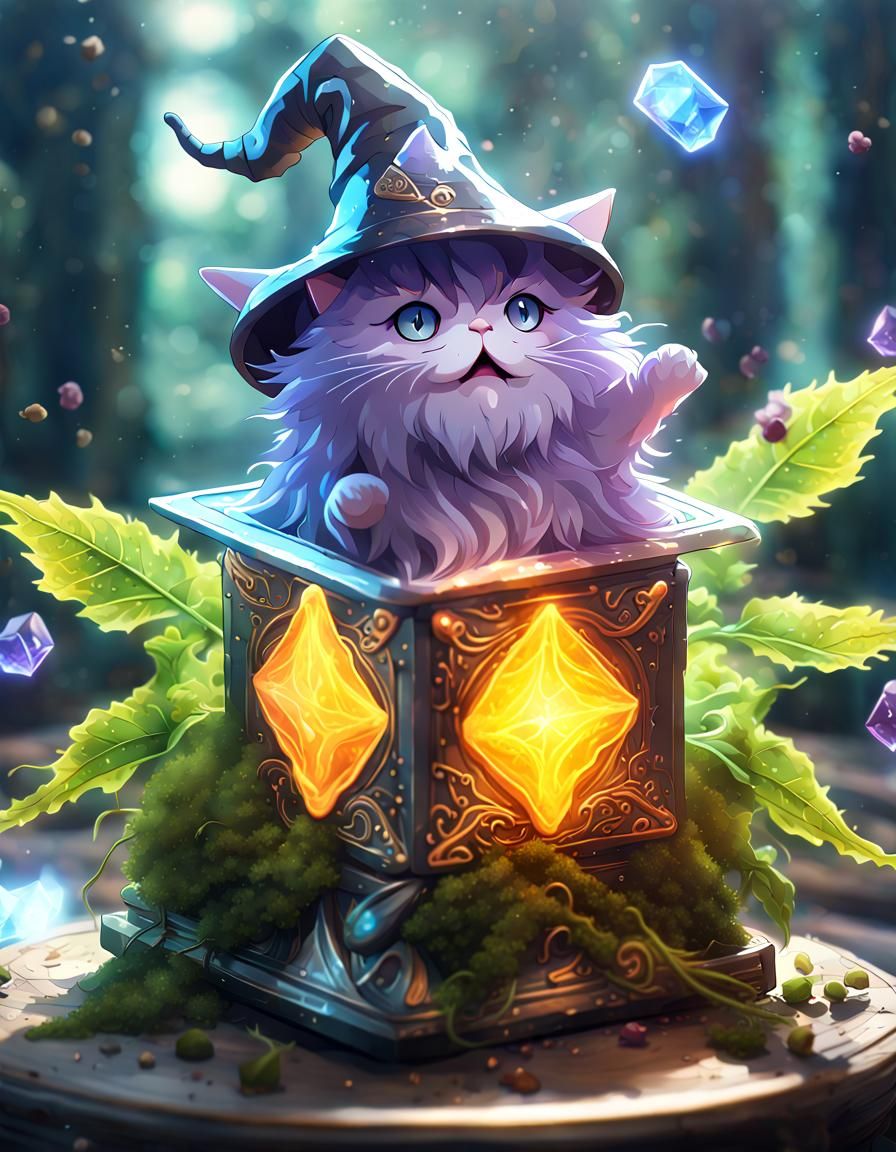 Cubic Cat Wizard in Fantasy Alchemy Lab