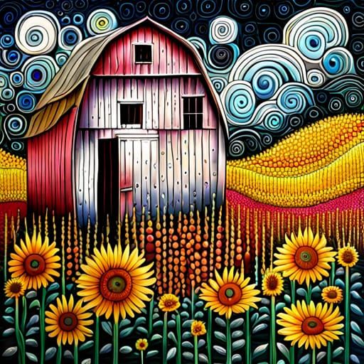 Fantasy Farm with Abstract Sunflowers in Mixed Media Style