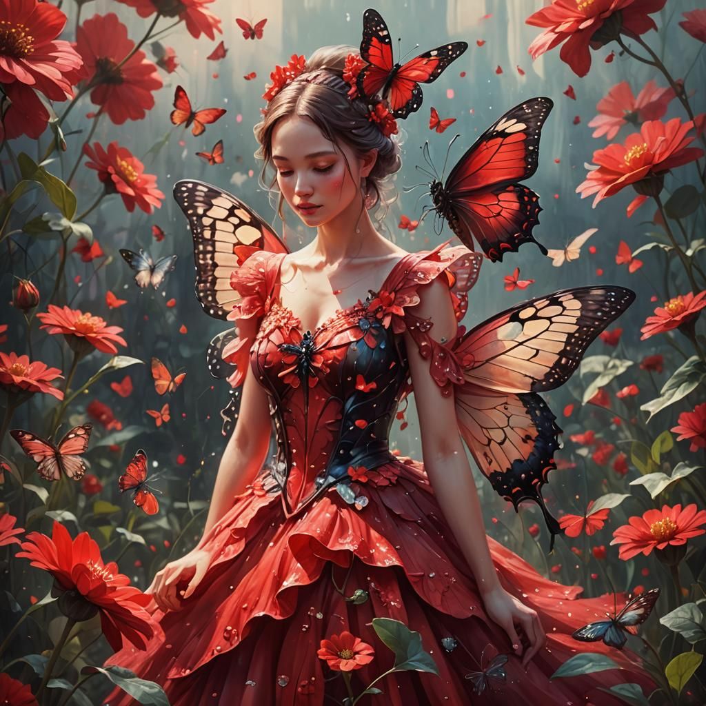 Red Fairy and Butterfly in Surrealist Style