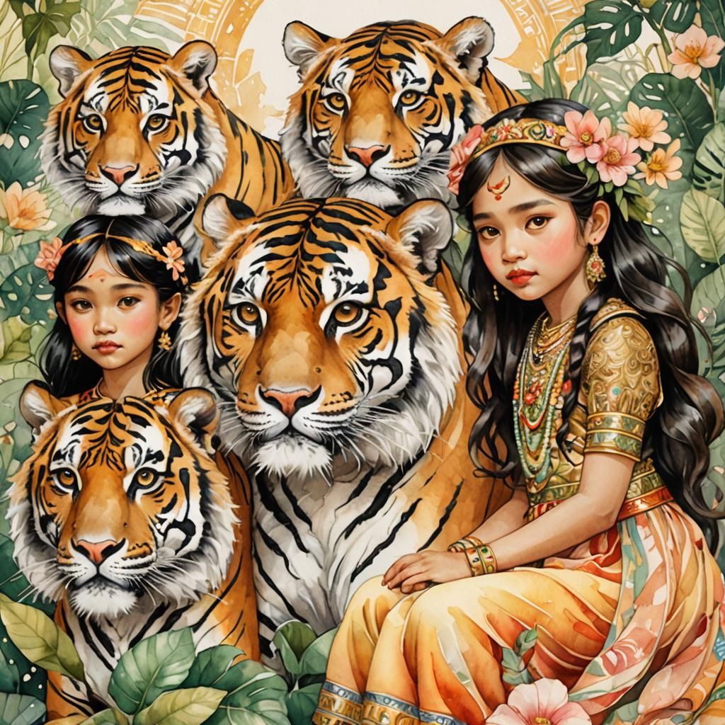 Indonesian Princesses with Tiger: Watercolor Fantasy Illustr...