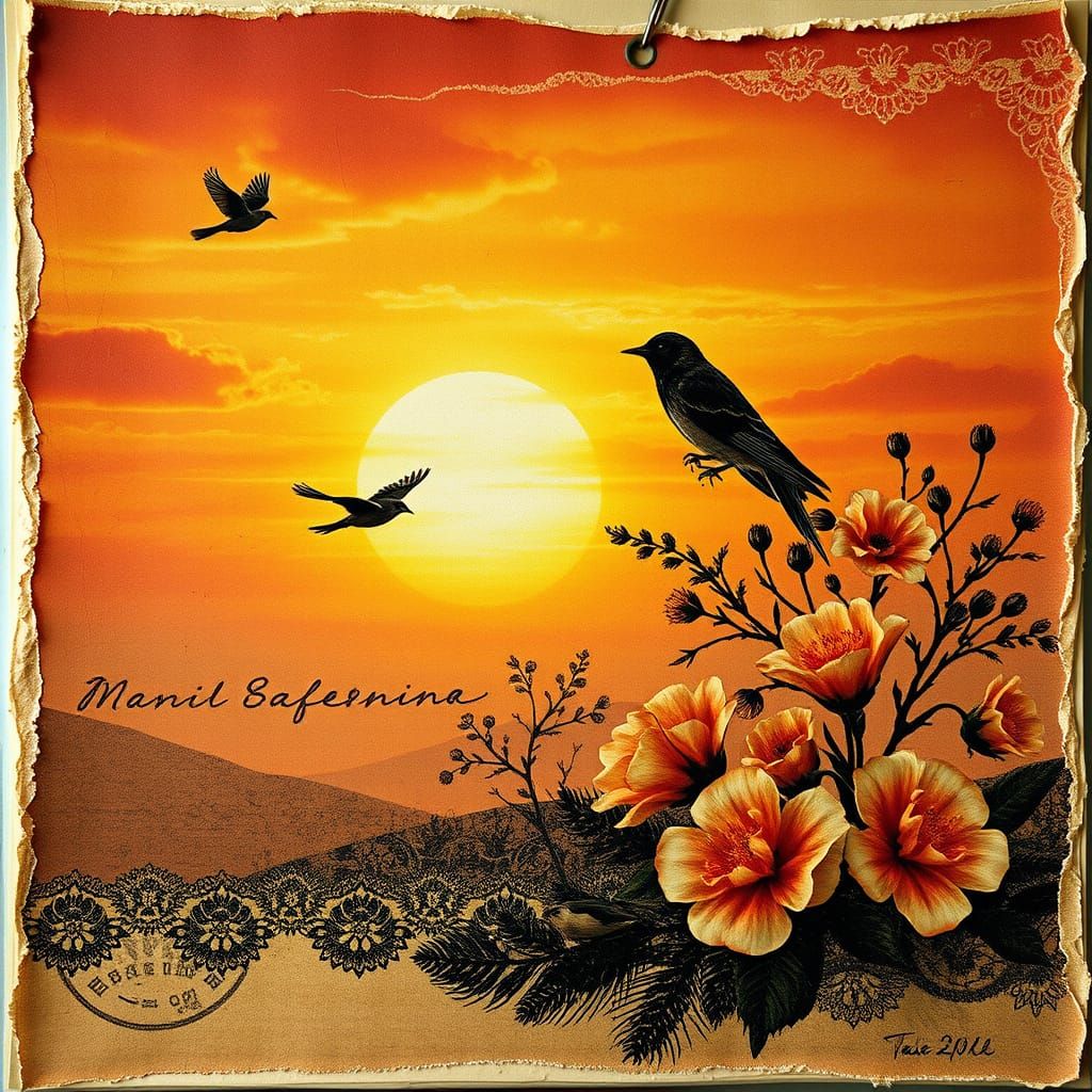 Epic Sunset Collage with Torn Paper, Lace, and Ink