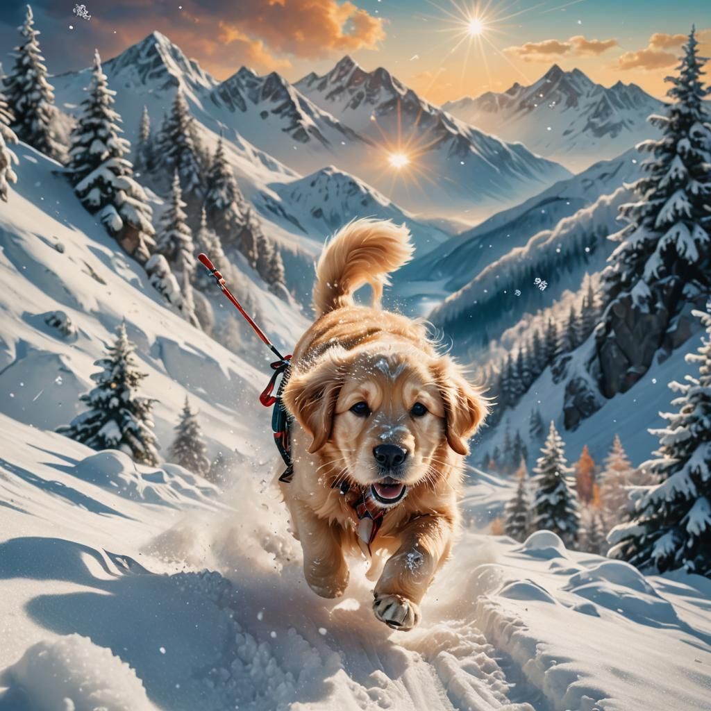 Golden Retriever Puppy Skiing: Vibrant Fantasy Art
