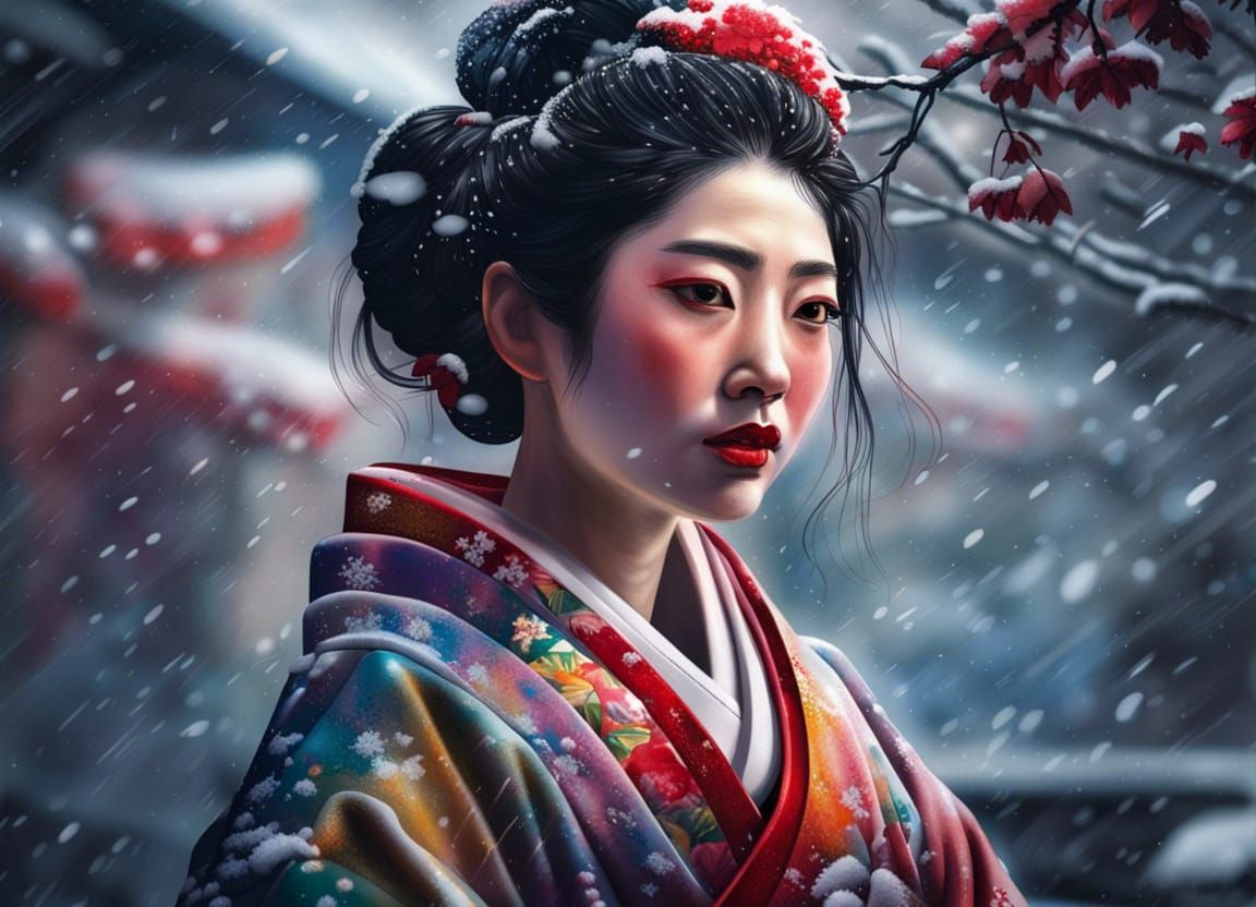 Geisha Portrait in Snow, Impressionistic Style