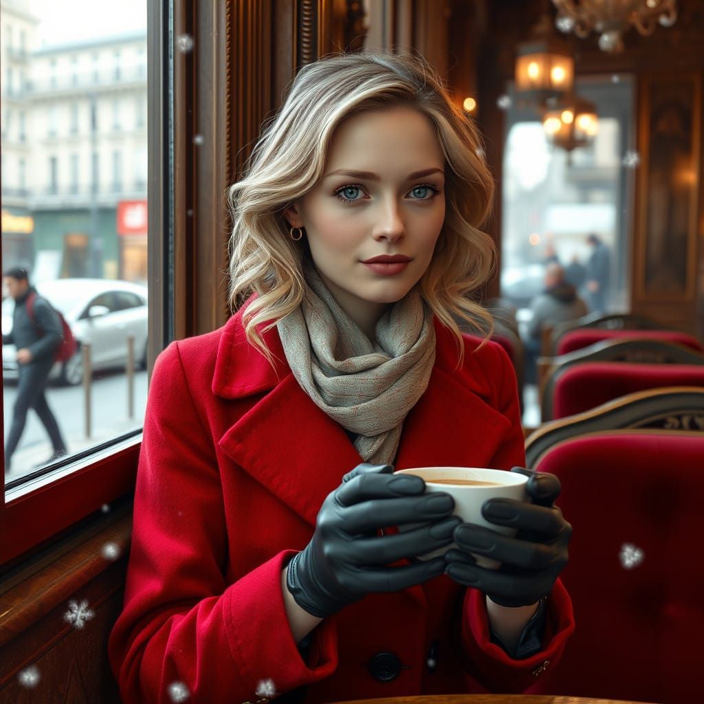 Elegant French Woman Sips Coffee in Snowy Parisian Cafe