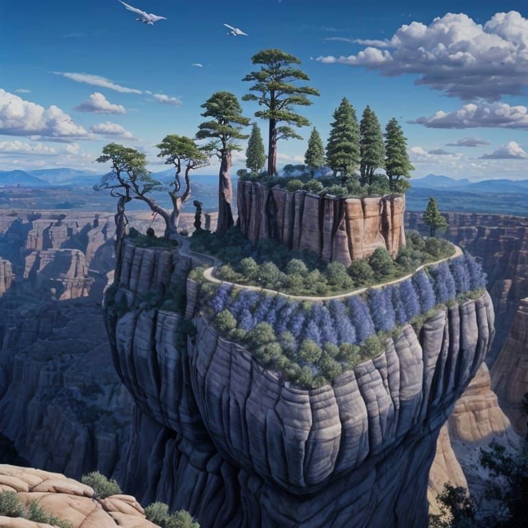 Surrealist Landscape of Twisted Cypress Trees and Purple Hil...