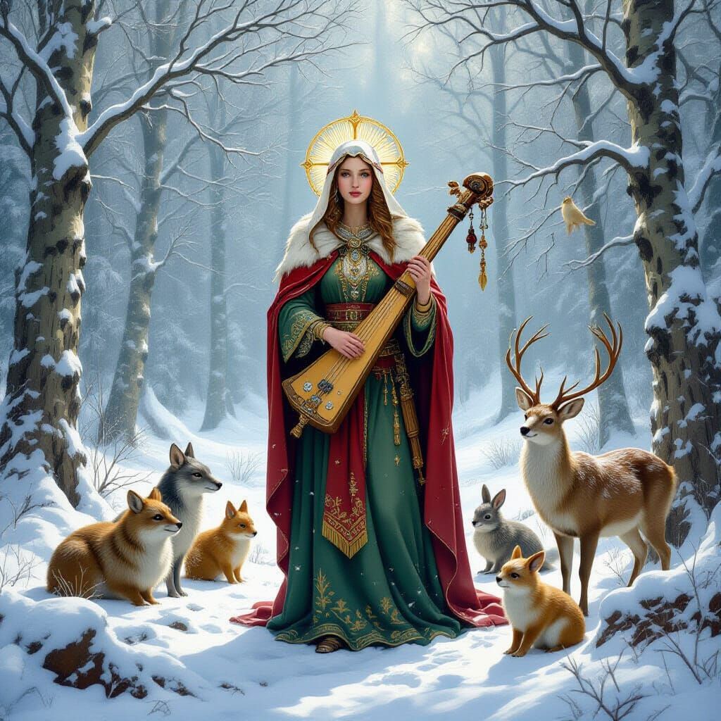 Pagan Saint in Snowy Forest with Harp and Animals