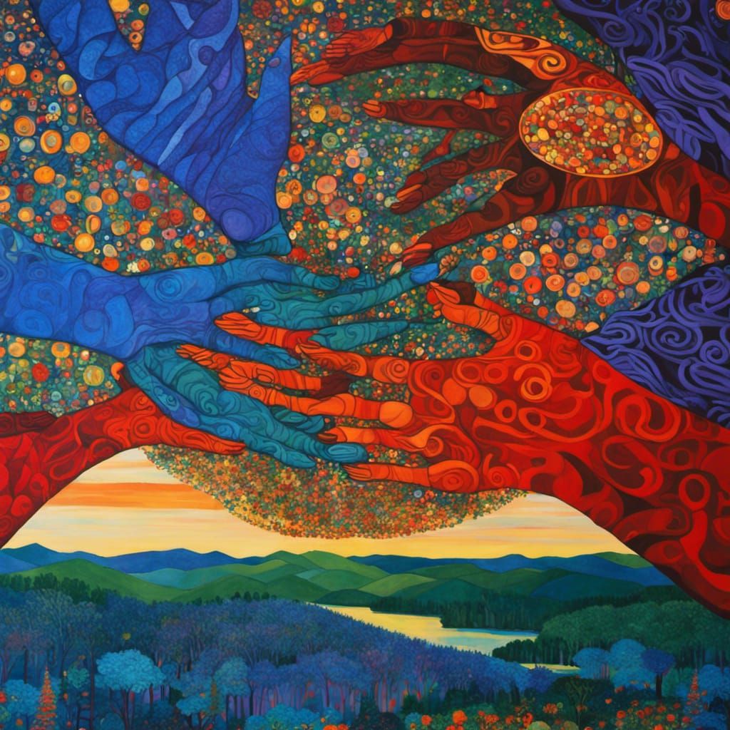 16k resolution, art by Gustav Klimt and Faith Ringgold. A tapestry of hands, each uniquely detailed, reaching out and in...