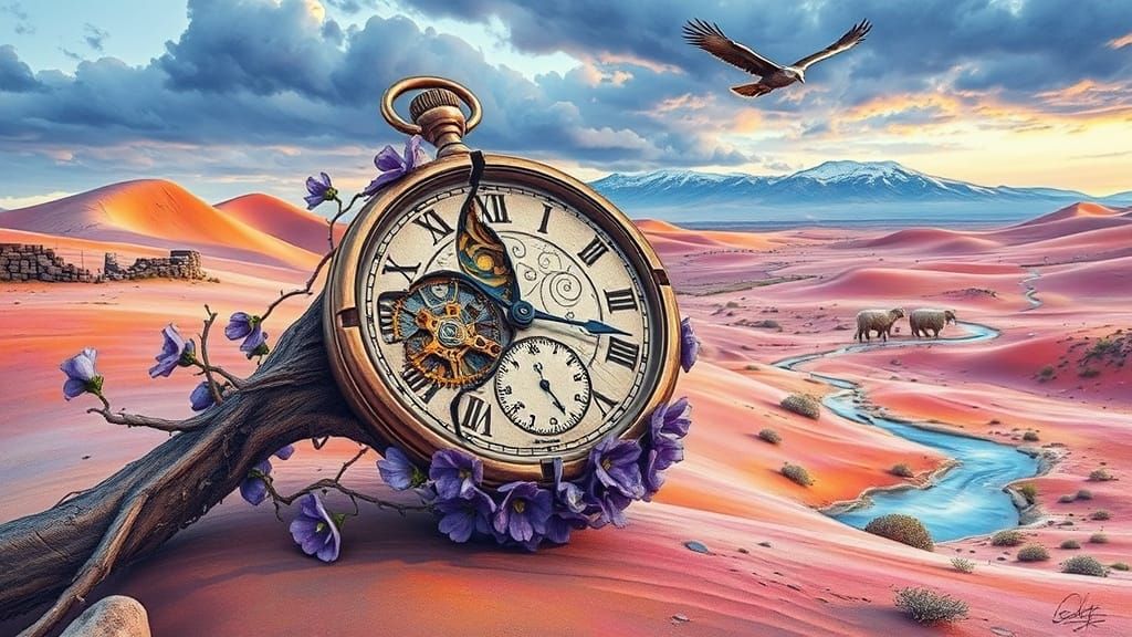 Shattered Watch on Desert Flower, Escher-Inspired Art