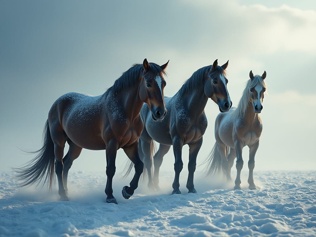 Three Horses Explore a Snowy Landscape