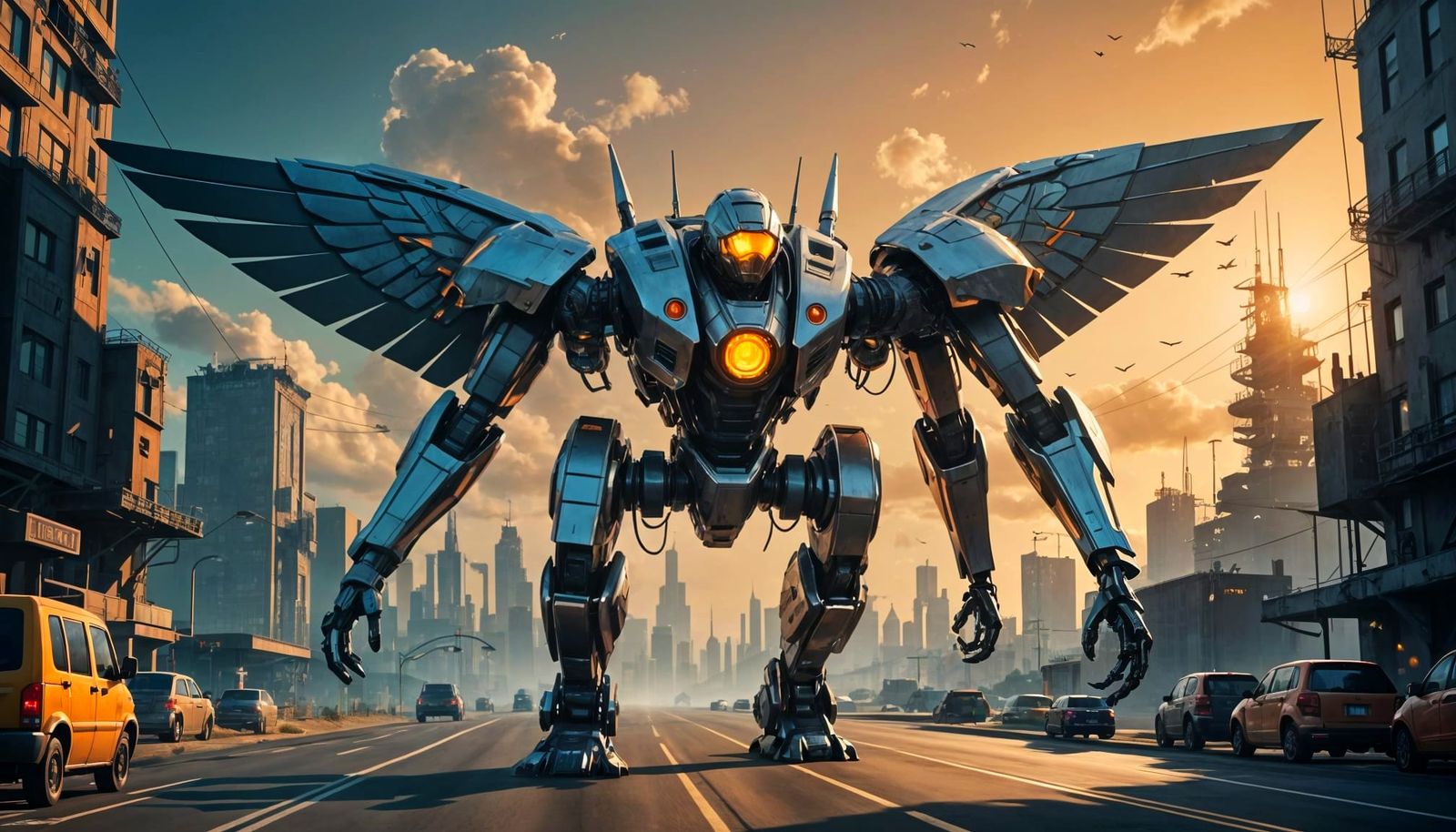 Flying Metal Robot in Futuristic Landscape