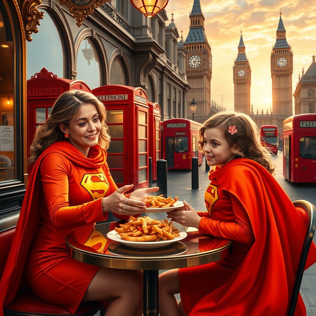 Mother-Daughter Duo Enjoy Fish and Chips in Vibrant London C...