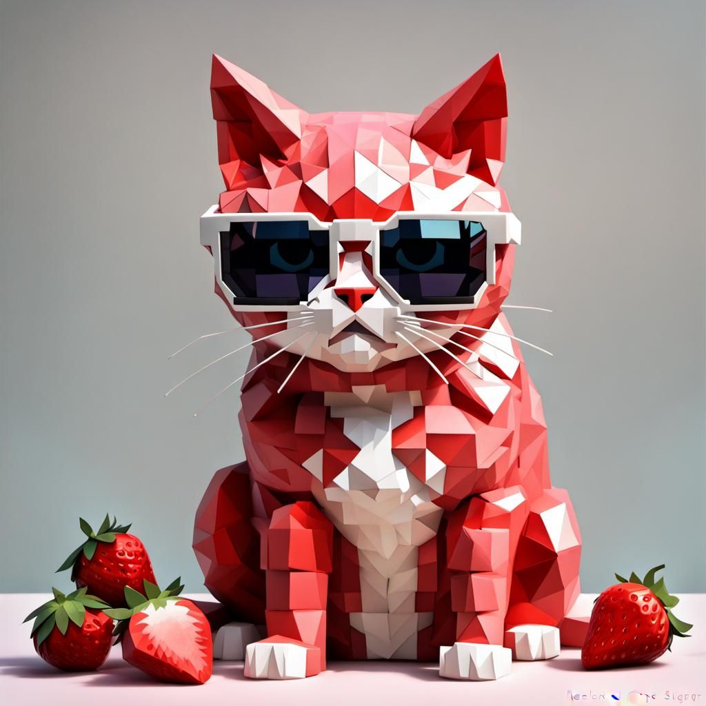 Strawberry Kakigori Cat in Cubist Impasto Style
