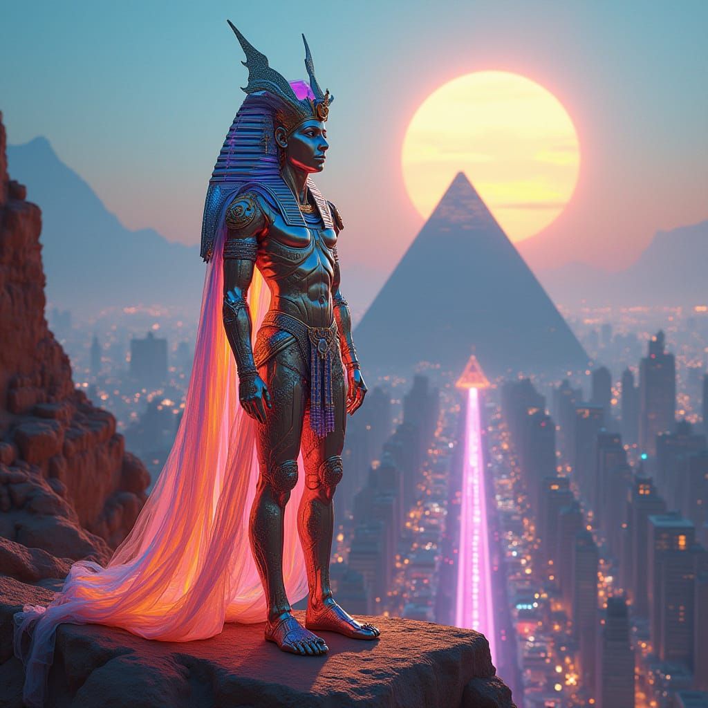 Surreal Cyberpunk Pharaoh Reigns Over Futuristic Ancient Egy...