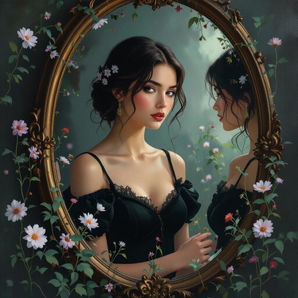 Introspective Woman Reflected, Digital Illustration with Oil...
