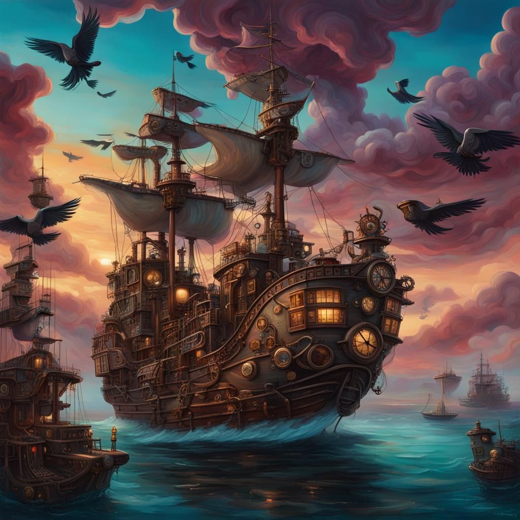 Steampunk Pirate Ship Navigating Surreal Realm