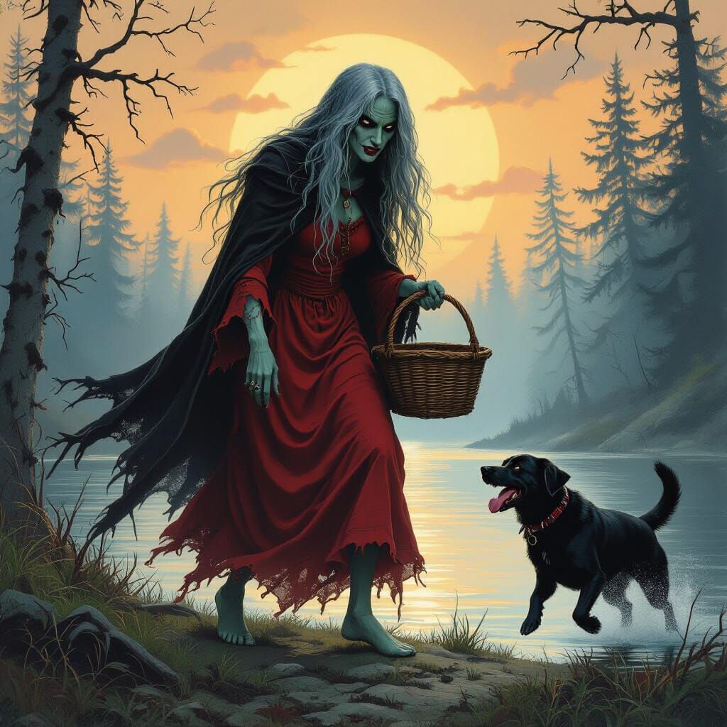 Eerie Witch in Misty Forest Encounter