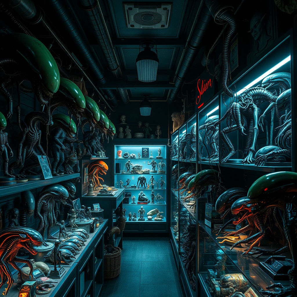 Alien Romulus Merchandise Shop in Biomechanical Art Style