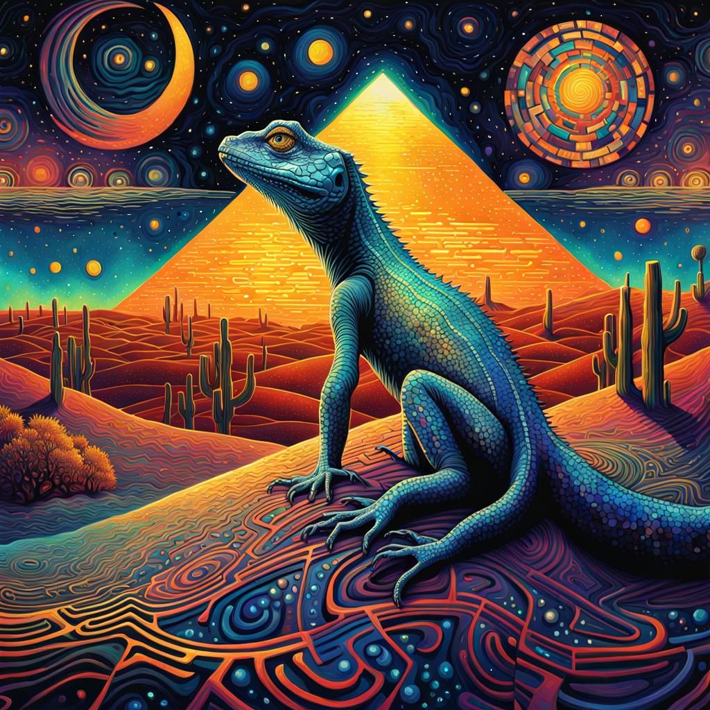Iridescent Lizard in Starry Desert Landscape