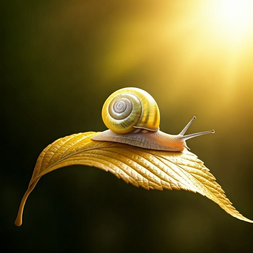 Snail's Translucent Shell Drifting on Leaf in Sunlight