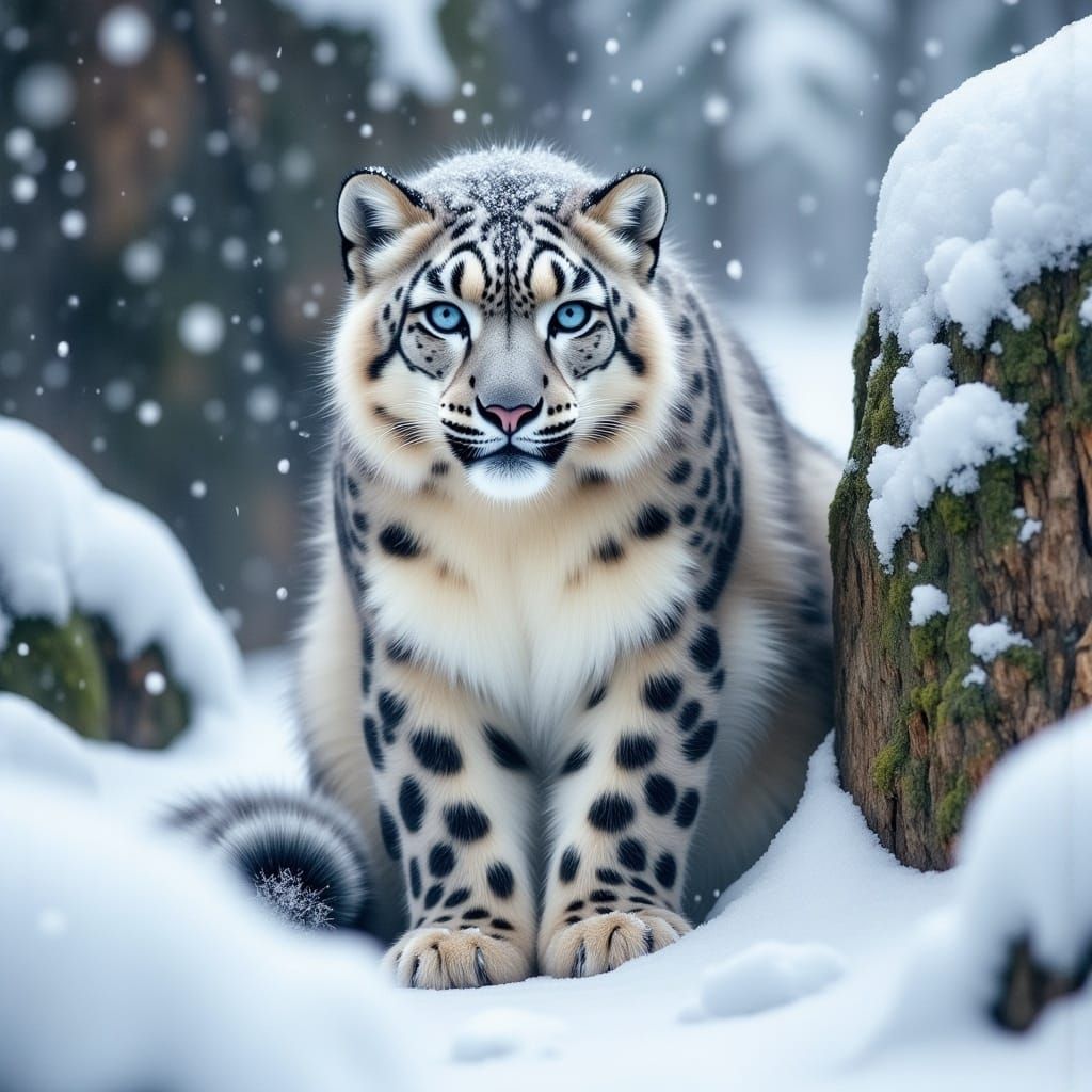 Snow Leopard Braving Arctic Storm in Watercolor