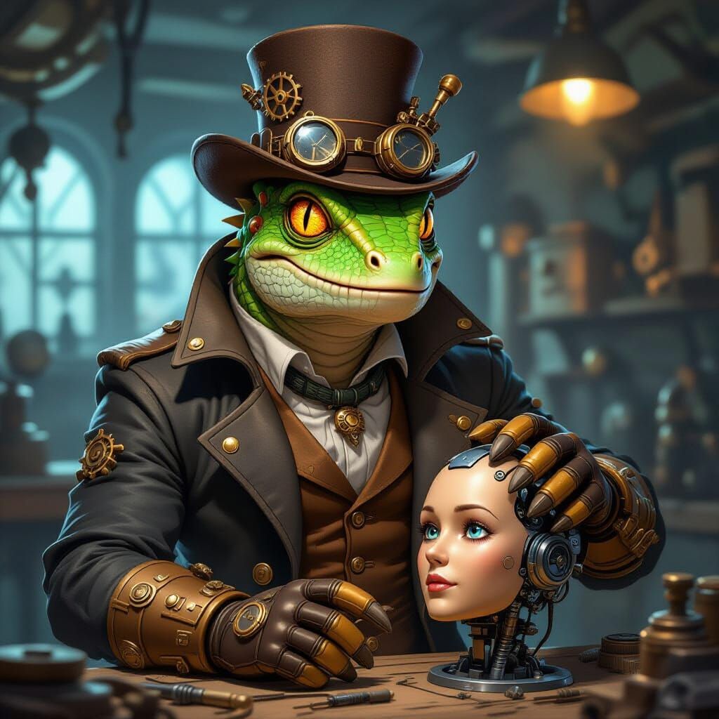Steampunk Lizard Man Tinkers With Robot Head