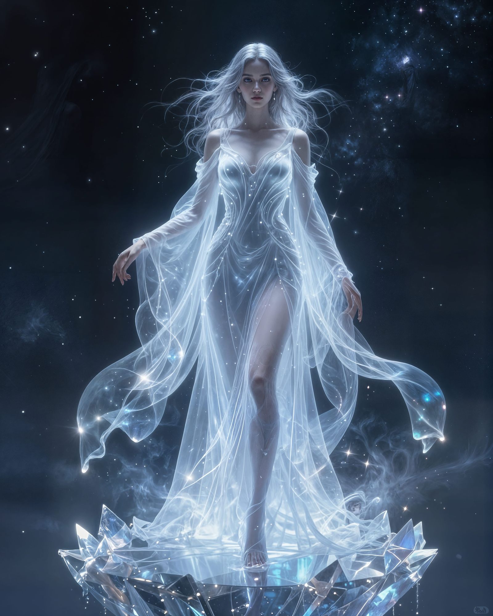 Ethereal Woman on Crystal Platform in Cosmic Nebula