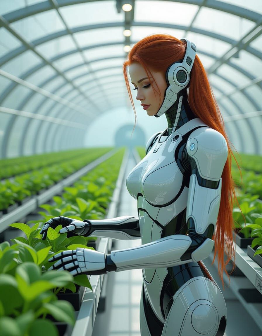 Android Farm Engineer in Cyberpunk Martian Dome