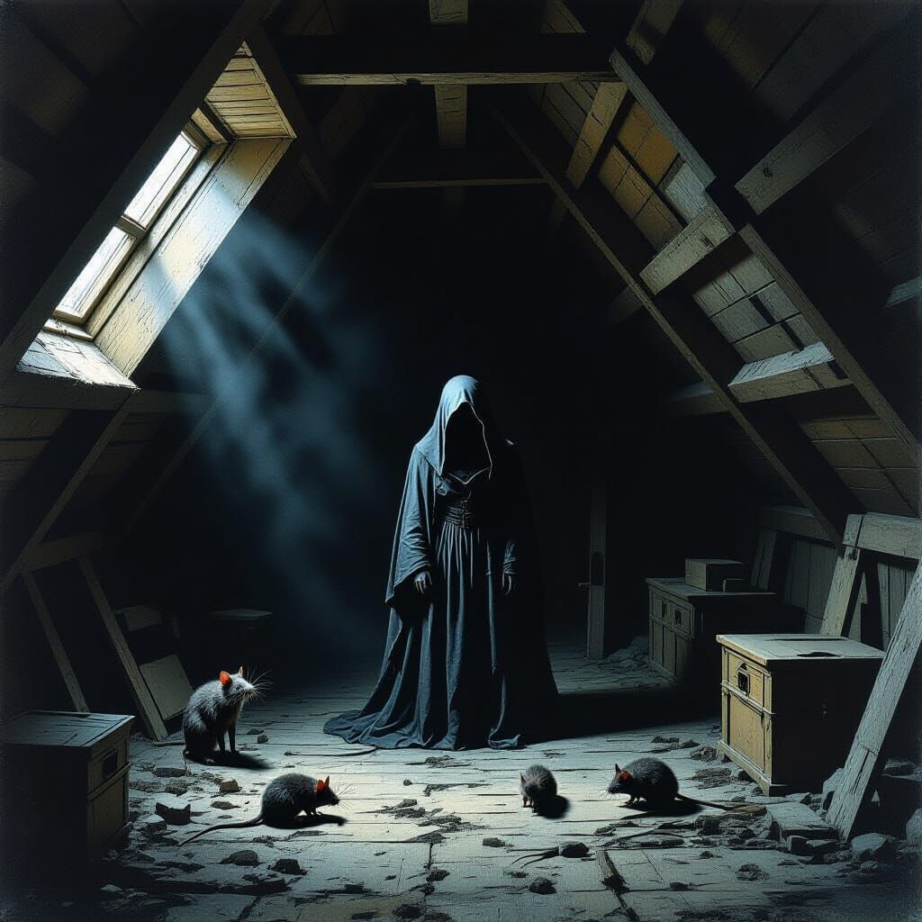 Eerie Figure in Dimly Lit Gothic Attic