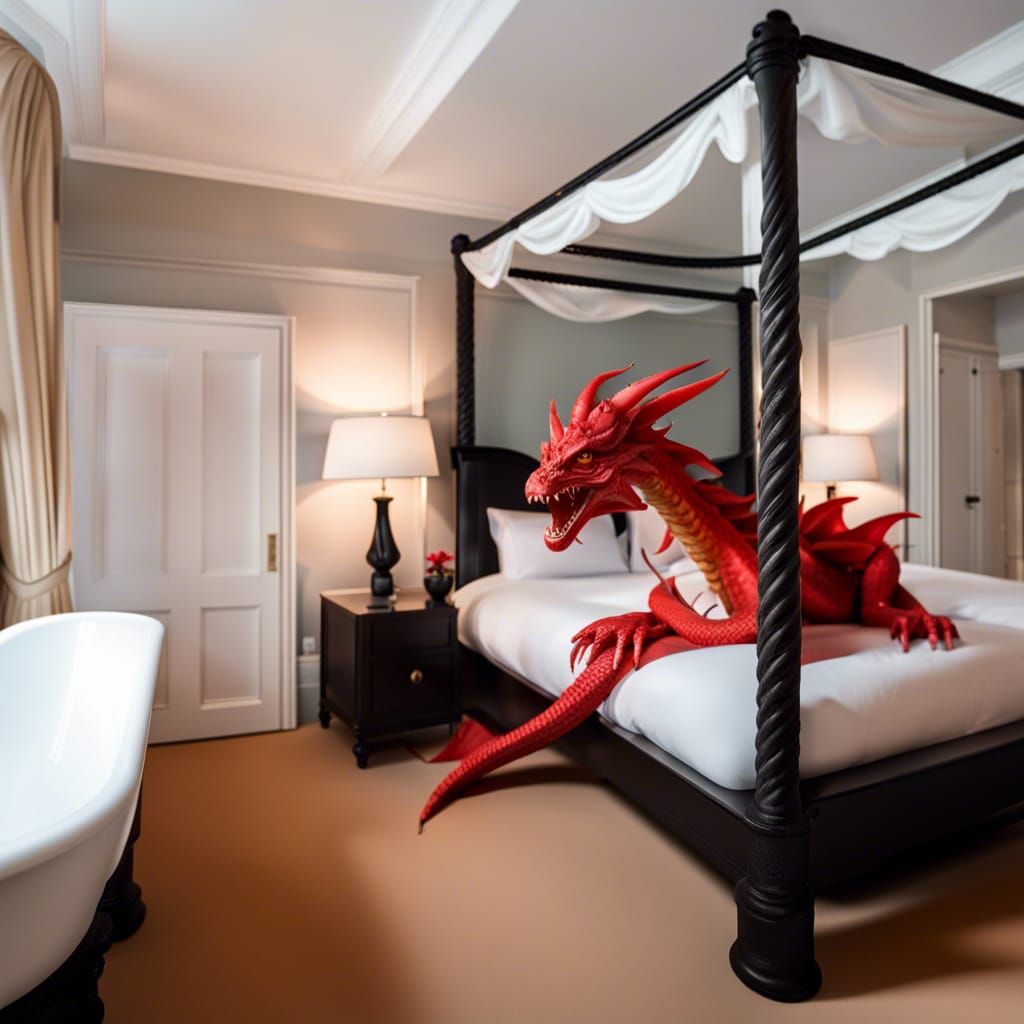 Luxury boutique hotel room with a dragon guarding the bed.