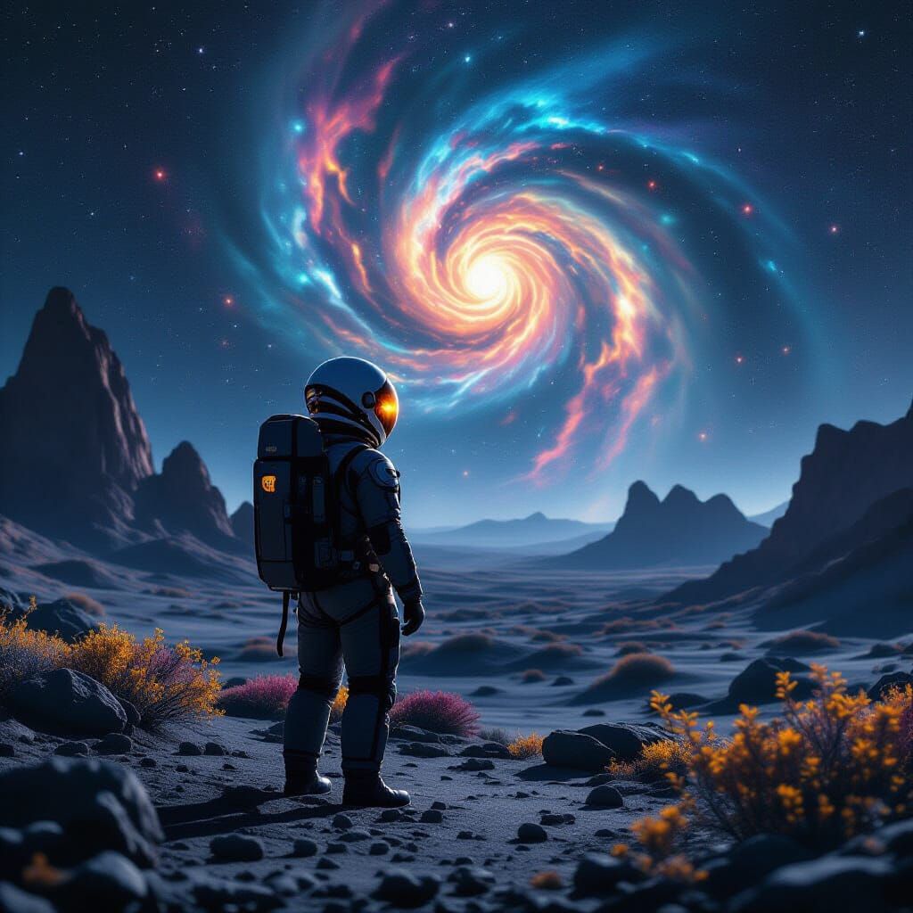 Astronaut Gazing at Nebula on Alien Planet