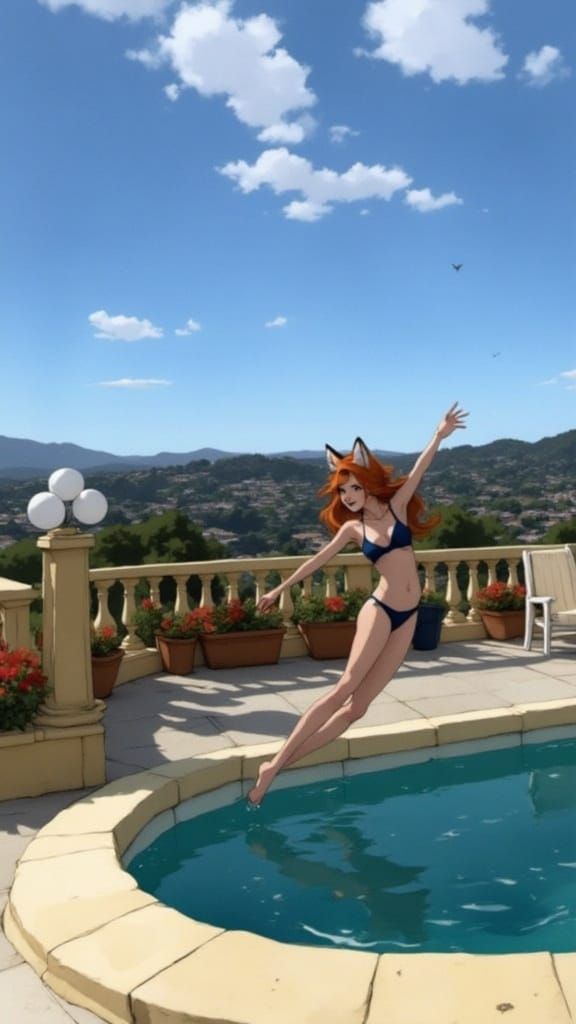 Day 9! Fox-girl Vixen Jumping into a swimming pool.