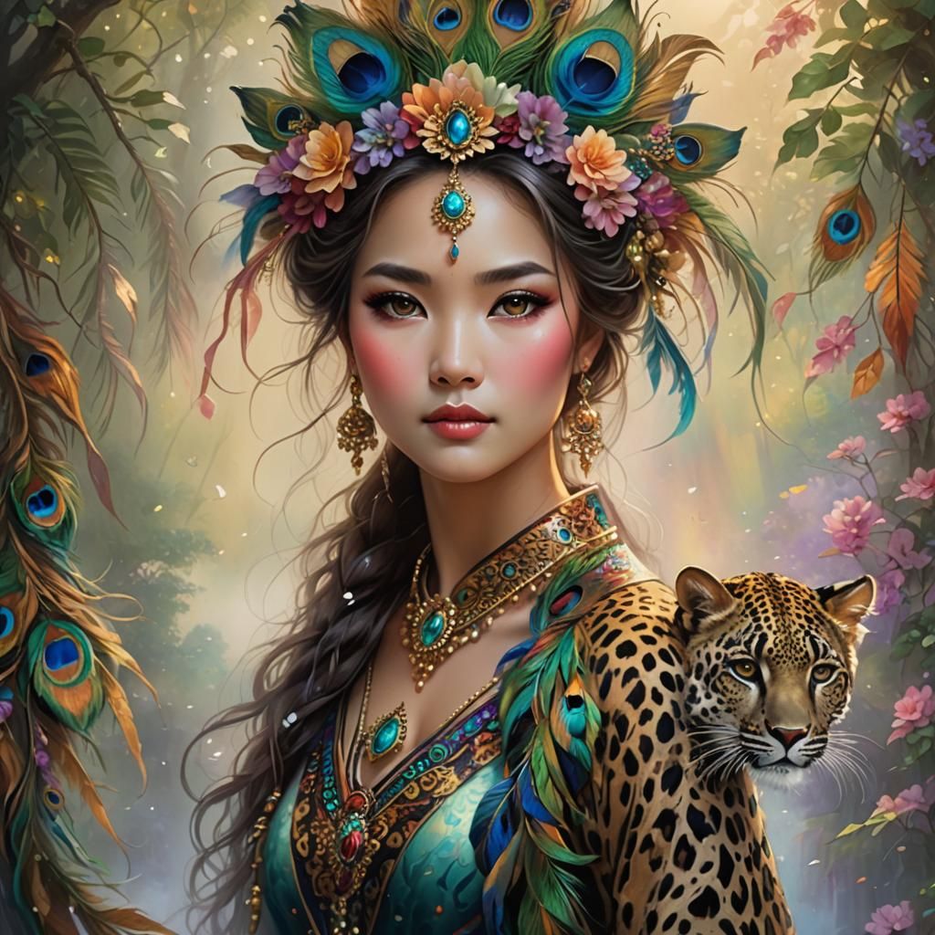 Ethereal Asian Woman with Peacock Feathers