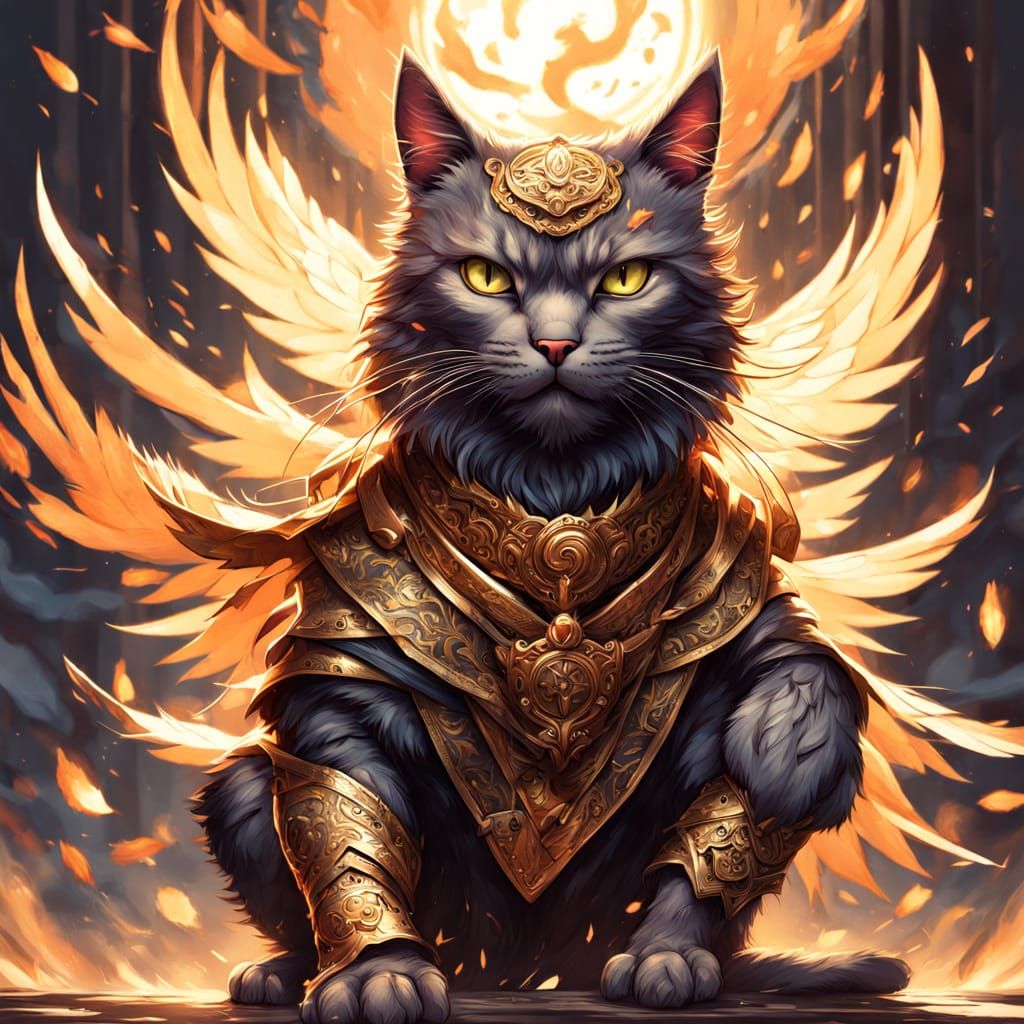 Cat Ninja Soars with Wings in Vibrant Digital Art