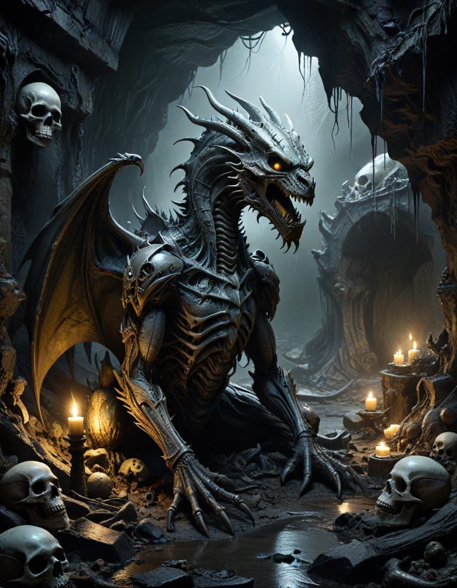 Mutilated Dragon Guards Winter Hoard in Damp Cave Den