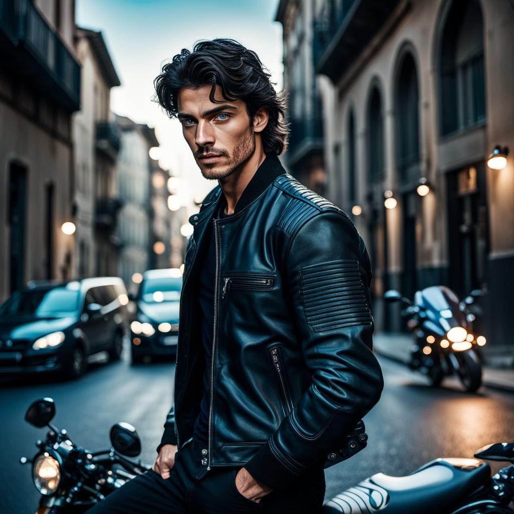 Handsome Italian Man in City Street: Cinematic Film Still